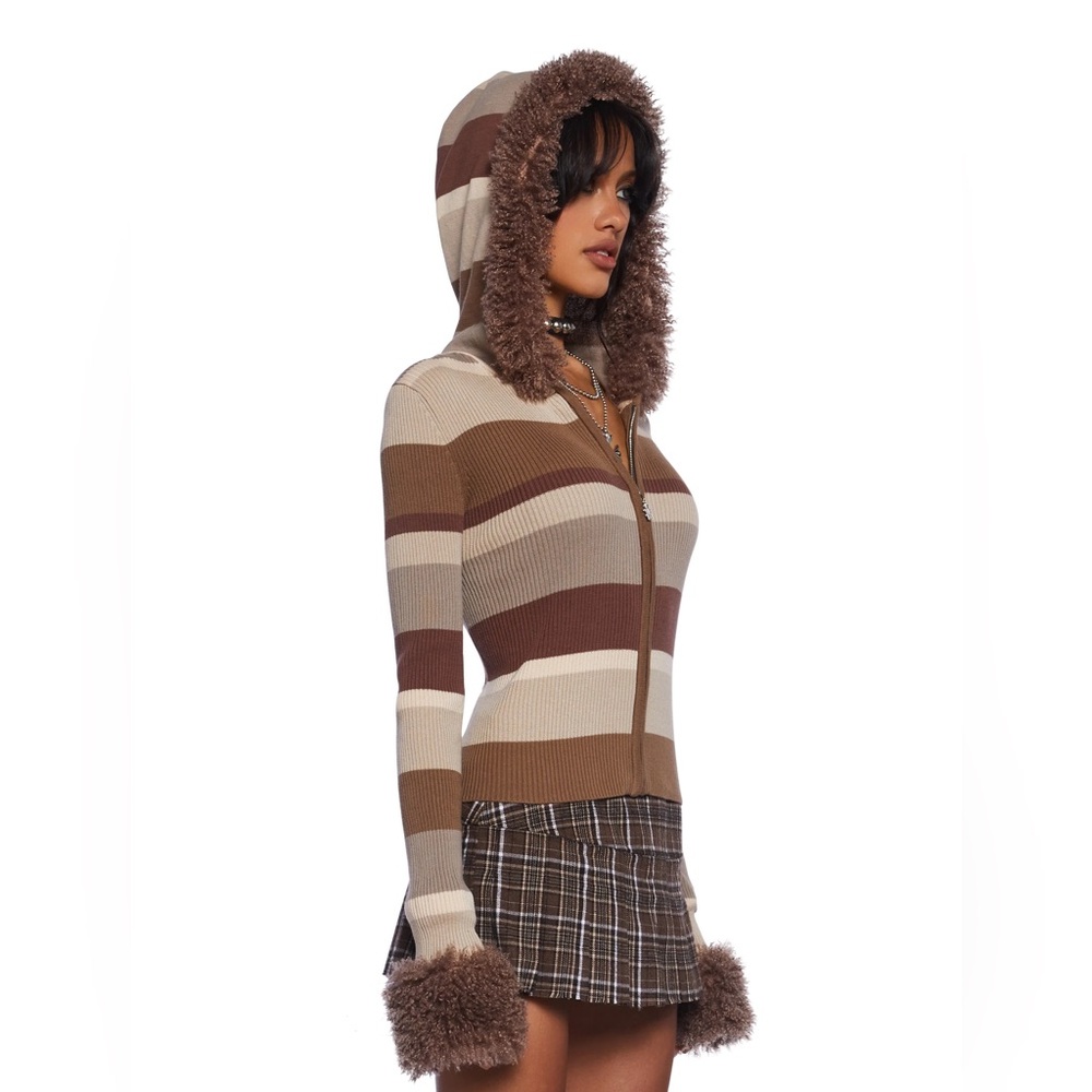 Ribbed Striped Brown Women's Jacket with Sherpa Fur Trim sz medium - Picture 2 of 4